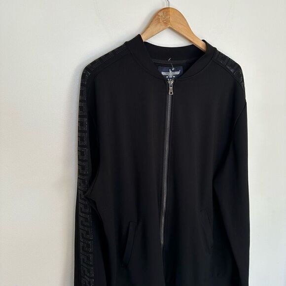 Barabas Men’s Black Greek Fret Monochromatic Rhinestone Tuxedo Sleeve Stripe Zip - Picture 7 of 12